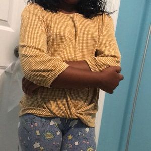 White and Yellow Gridded Stich Sleeve with Rib-Knit